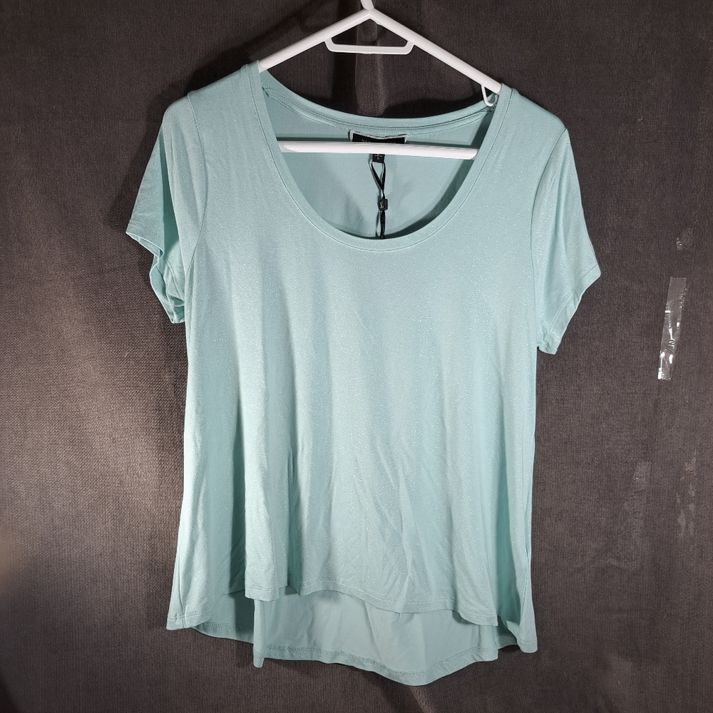 Melanie Lyne Teal Blue Silver Sparkle Scoop Neck Stretch High Low Tee NWT L